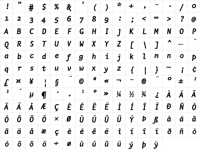 NexusTypewriter-BoldItalic Regular  glyph index