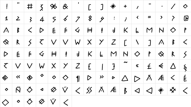 RuniKleinFreeform Regular  glyph index