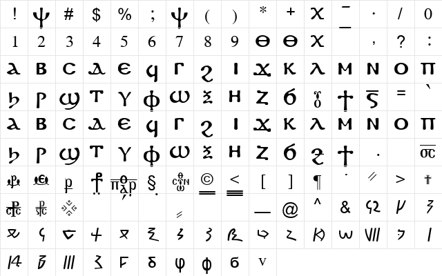 CS Koptos Manuscript Regular  glyph index