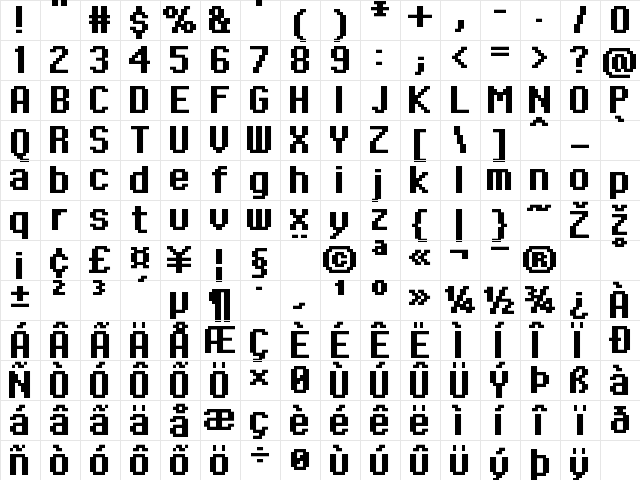 FFF Executive Bold Extended Regular  glyph index