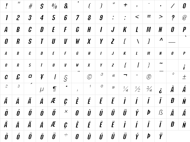 Block Italic  glyph index