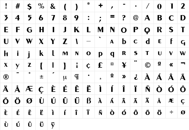 GreyhoundBold Regular  glyph index