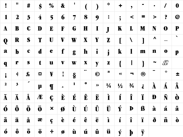 Garamond Ex-BlackCondensed SSi Extra Black Condensed  glyph index