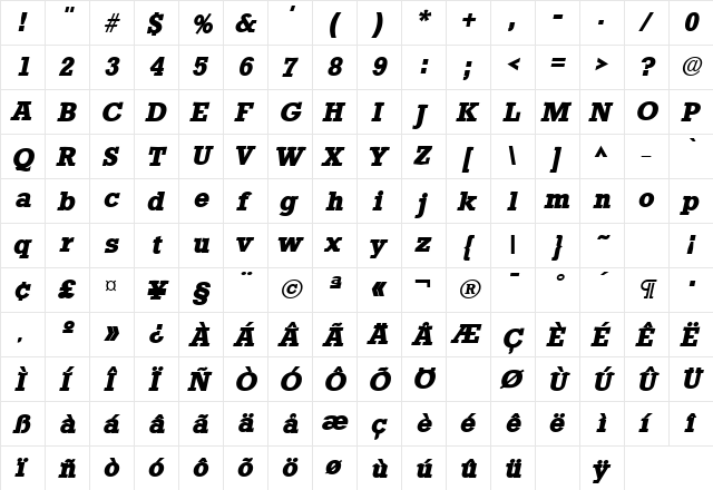 Stamford Heavy SF Bold Italic  glyph index