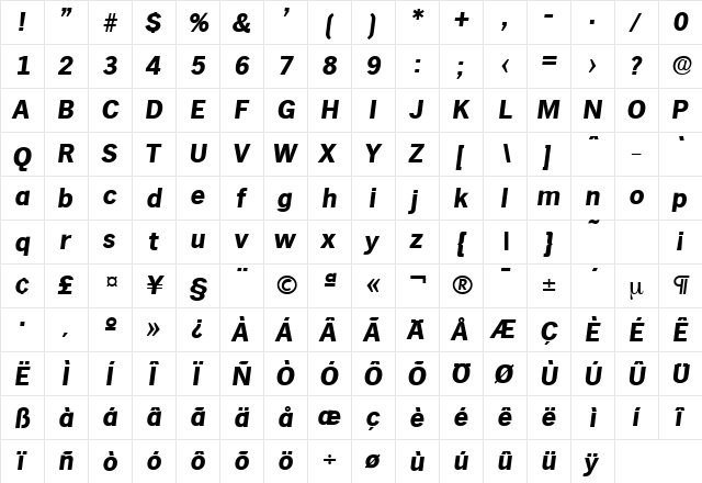 Hamburg-Serial-ExtraBold RegularItalic  glyph index