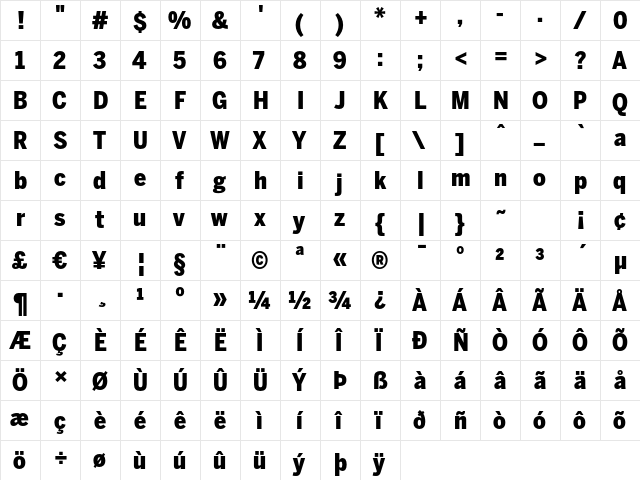 BentonSans Cond Black Regular  glyph index