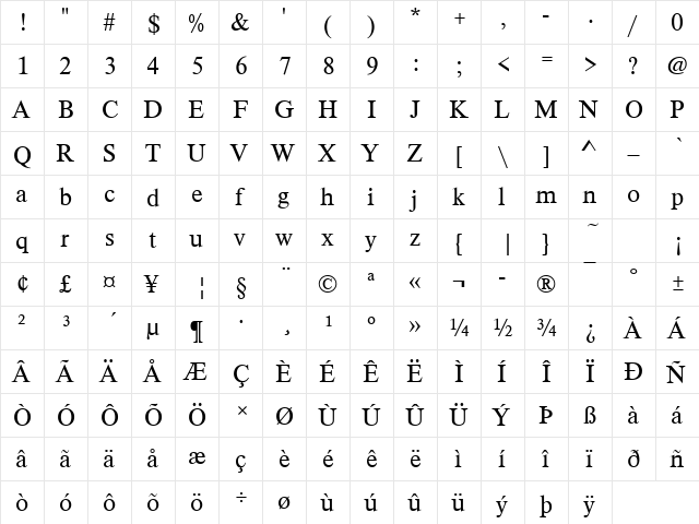 Timeless Becker Regular  glyph index