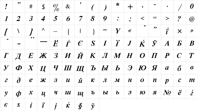 CyrillicTimes Bold Italic  glyph index