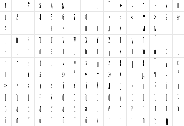 UltraSlim Regular  glyph index
