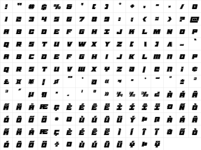 Samurai Terrapin Bevel Italic Italic  glyph index