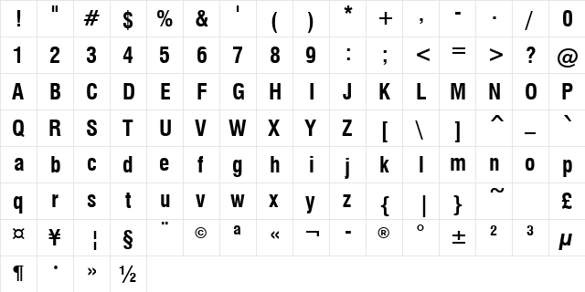 Swis721Greek Cn BT Bold  glyph index