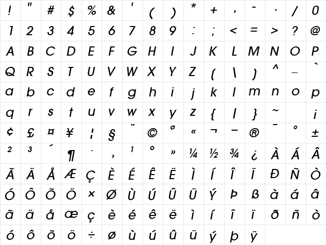 TrendexLightSSK BoldItalic  glyph index