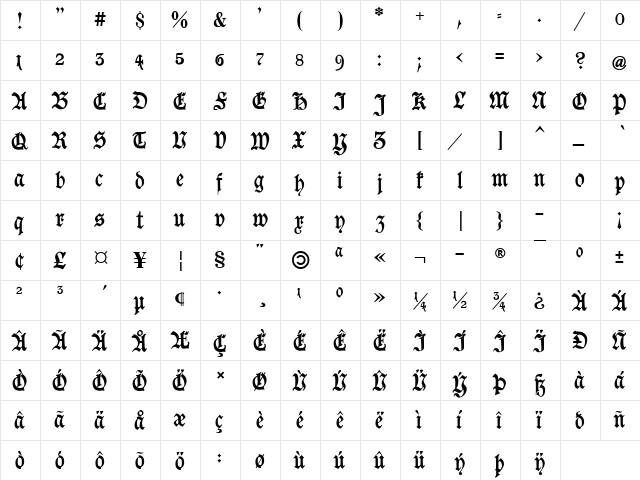 Goeschen Fraktur UNZ1A Regular  glyph index