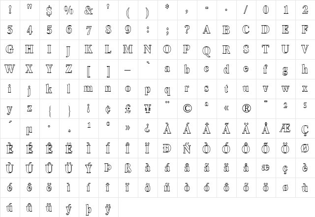 ConcordeBEOutline-Condensed Bold  glyph index
