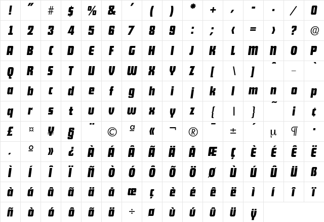 Dekodisplay-Italic Regular  glyph index