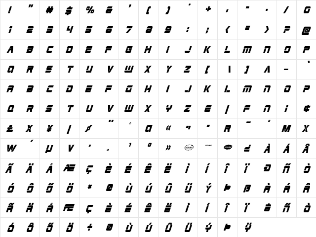Edge Racer Condensed Super-Italic Condensed Italic  glyph index