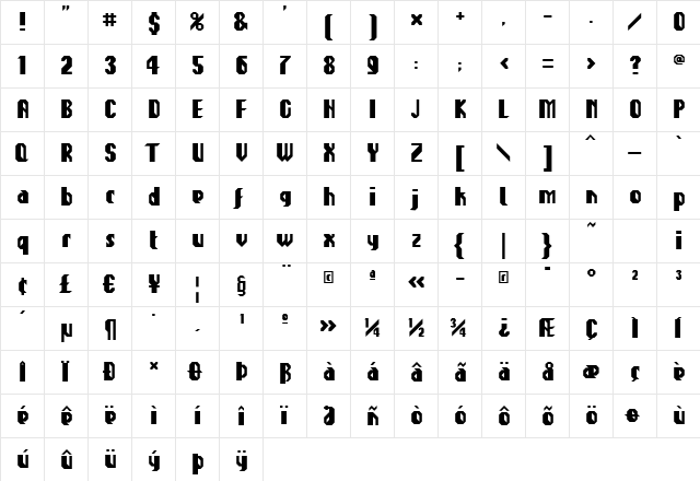 Zwart Vet  glyph index