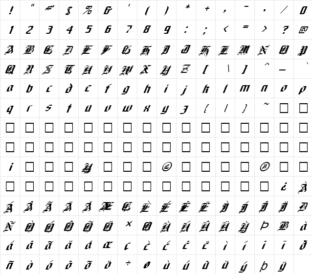 FZ GOTHIC 1 ITALIC Normal  glyph index