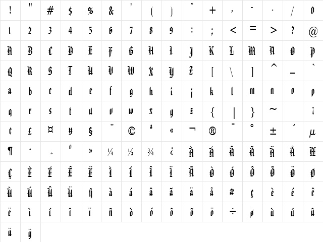 Gothic 32-Condensed Normal  glyph index
