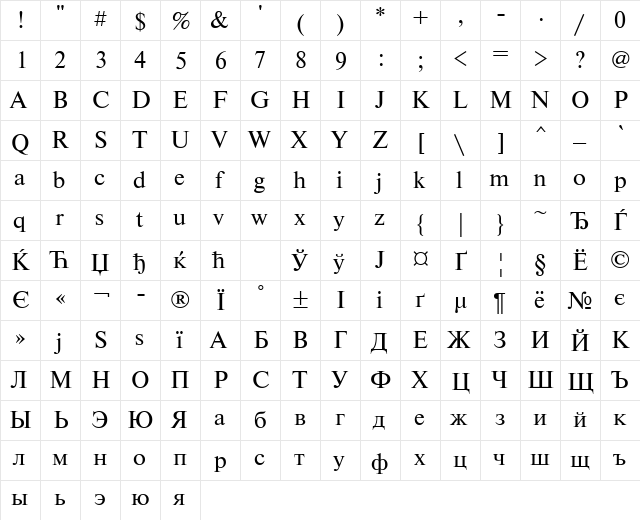 NewtonWINCTT Regular  glyph index