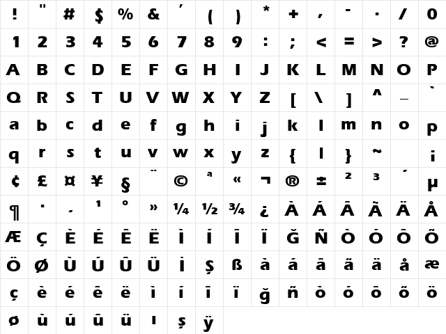 TR Erie Bold  glyph index