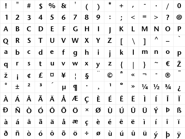 StoneSans LT Bold  glyph index