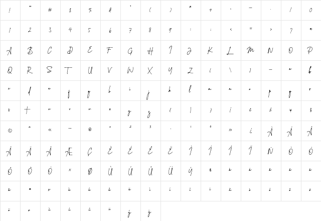 Montreuil Signature Font Regular  glyph index