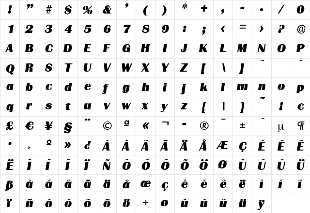 JesseBecker-Heavy Italic  glyph index