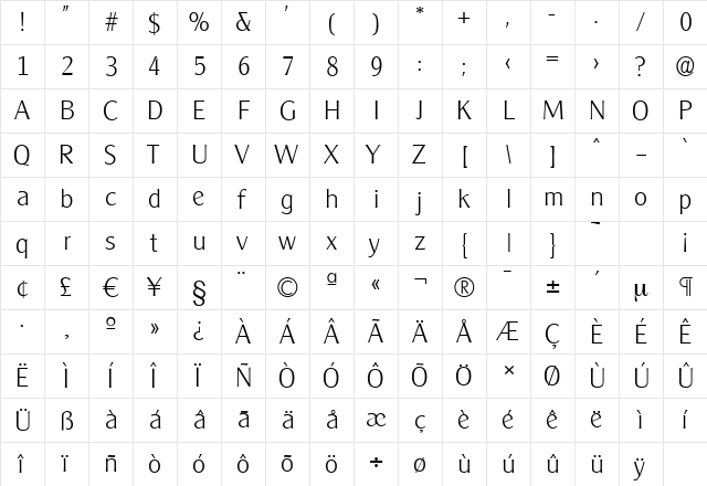 ClearGothicSerial-Xlight Regular  glyph index