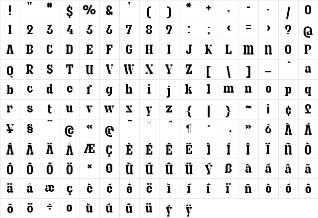 Granite Regular  glyph index