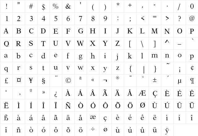 AsterEF Regular  glyph index