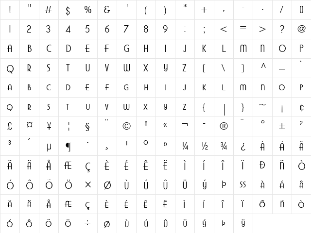 ModifiedGothic Regular  glyph index