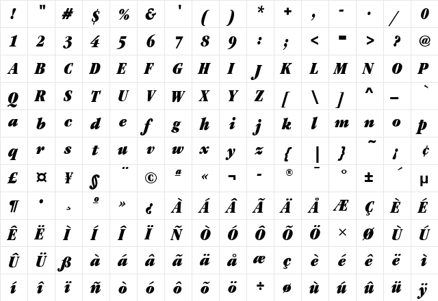 GaramondCdITC Ultra Italic  glyph index