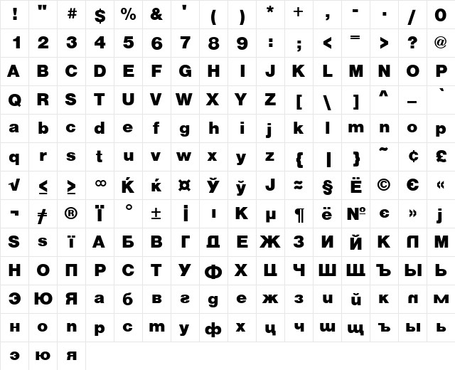 VantaBlack Regular  glyph index