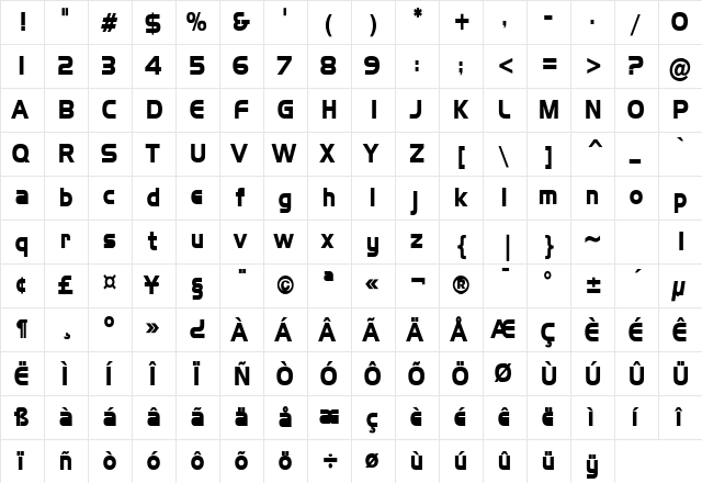 Hanzel Condensed Bold  glyph index