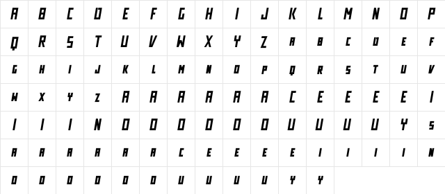 Tekno Italic  glyph index