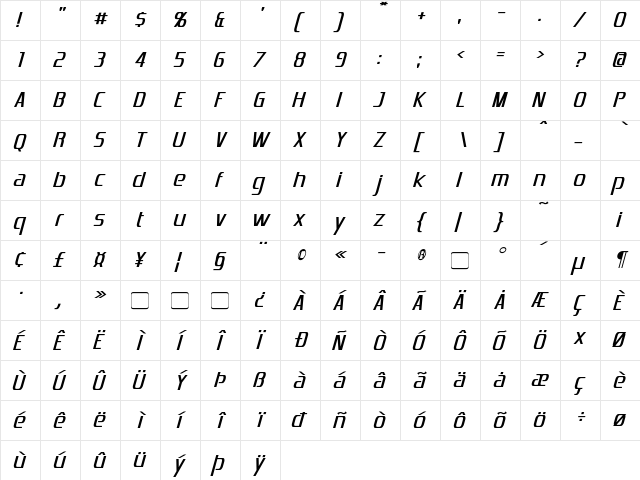 Emotion Engine Italic  glyph index