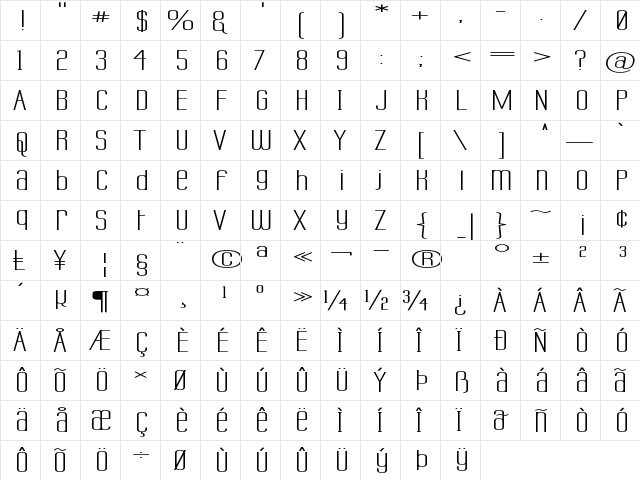 Labtop Unicase Superwide Regular  glyph index