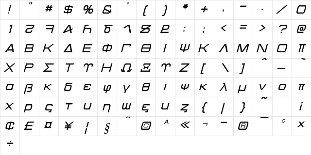 Kentaurus Italic  glyph index