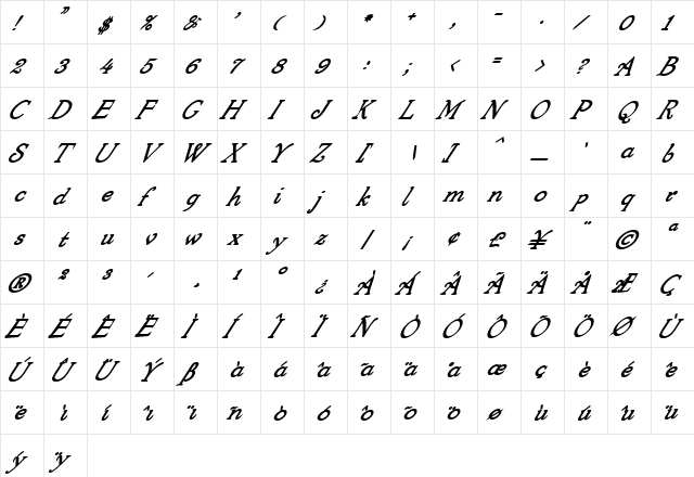 4ArmJoltScriptBoldItalics Regular  glyph index