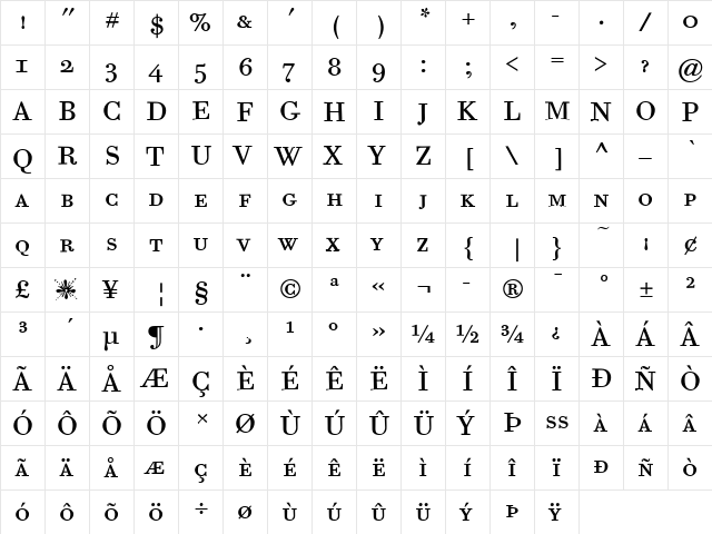 Bodoni Six ITC Book  glyph index