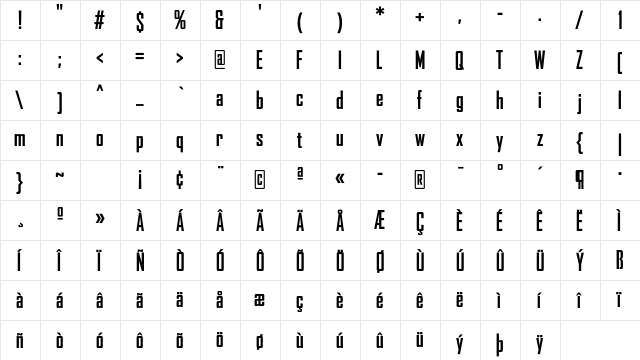 AgencyFB Bold Cond Regular  glyph index