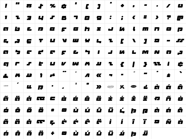 Boomstick Semi-Italic Semi-Italic  glyph index