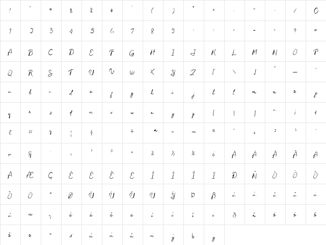 Sugih Janji Regular  glyph index