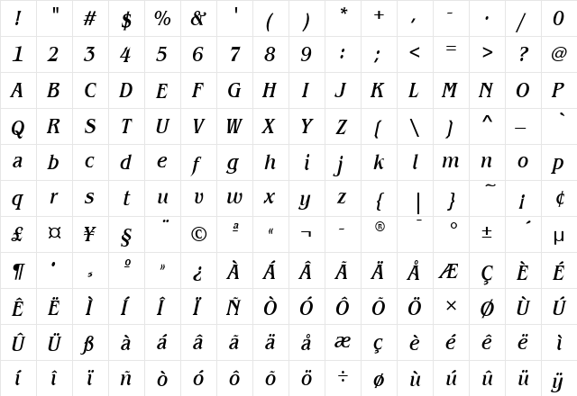 BenguiatCdMdITC Italic  glyph index
