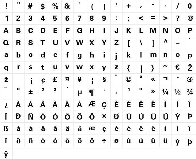 Univers LT 45 Light Bold  glyph index