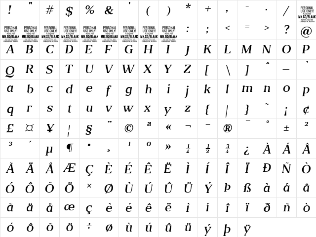 Blaak Light PERSONAL USE Italic  glyph index