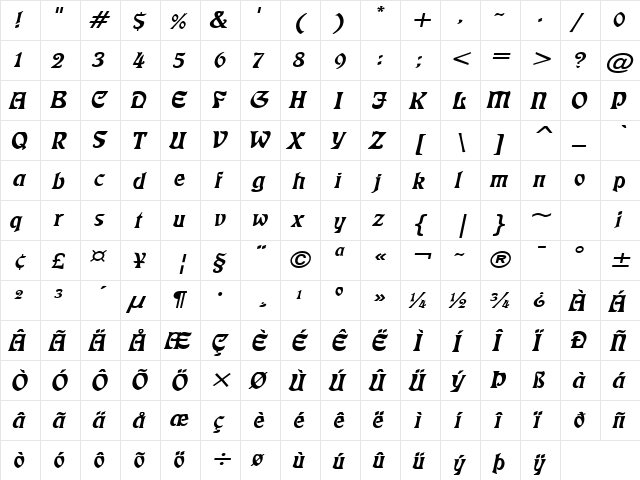 Freedom Wide Italic  glyph index