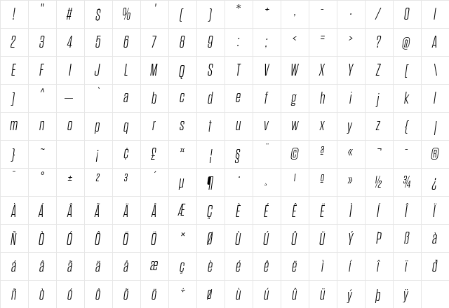 Dharma Gothic E ExLight Italic  glyph index