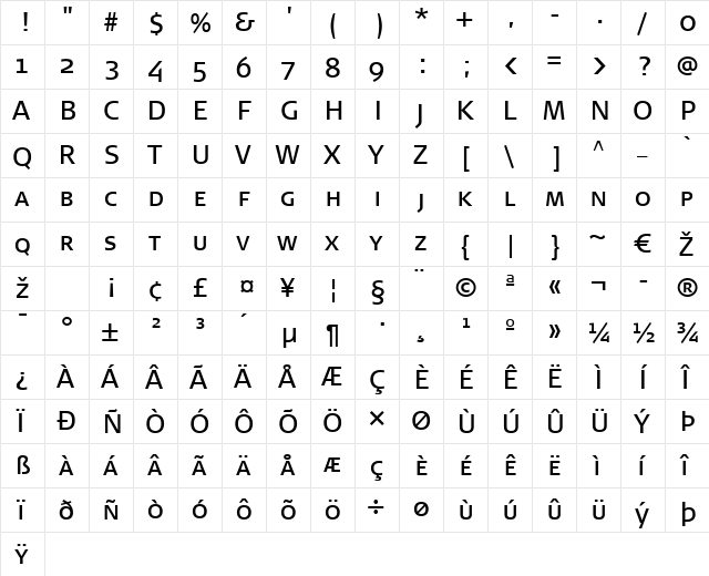 SignaCaps-Book Regular  glyph index